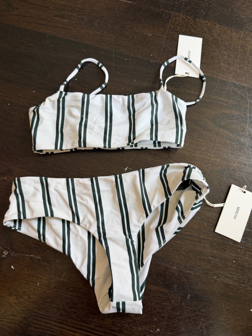 Mikoh White and Dark Green Striped Bikini Top